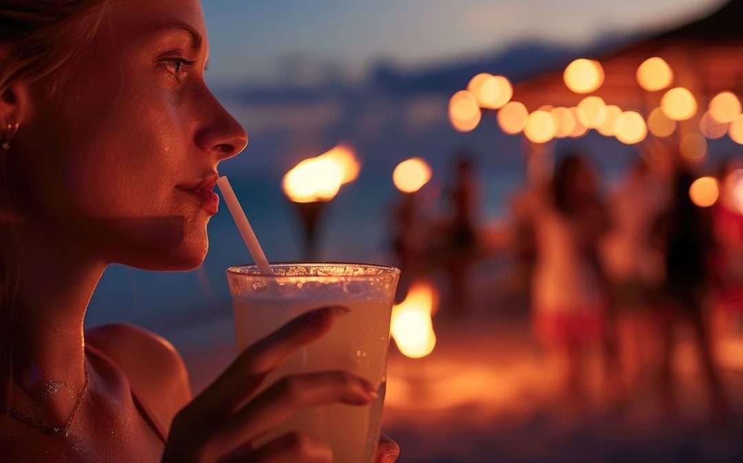 mulher aproveitando um bom drink na praia durante as férias.