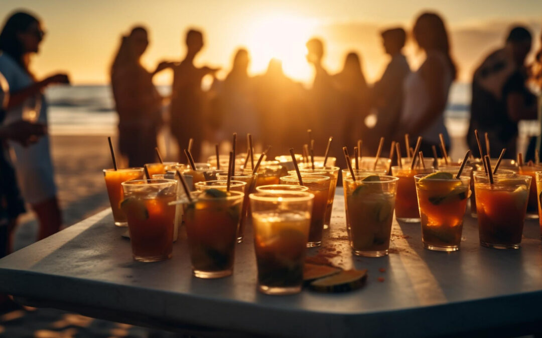jovens adultos desfrutam de bebidas em festa na praia gerada por ia (1)