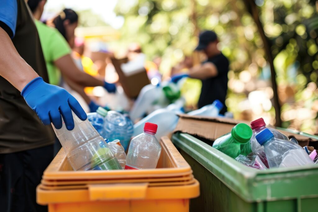 Indivíduos praticando o ato da reciclagem de resíduos.