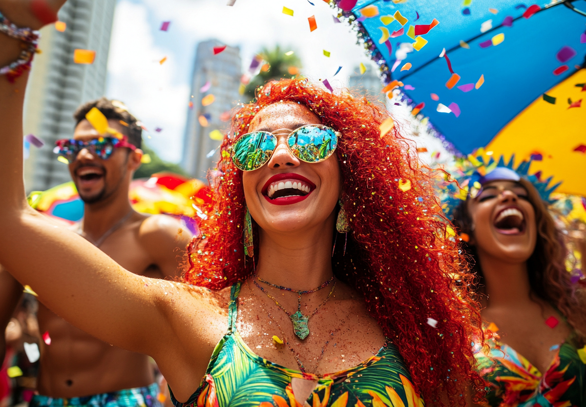 Mulher aproveitando o carnaval na praia.