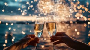 celebration with champagne glasses and fireworks